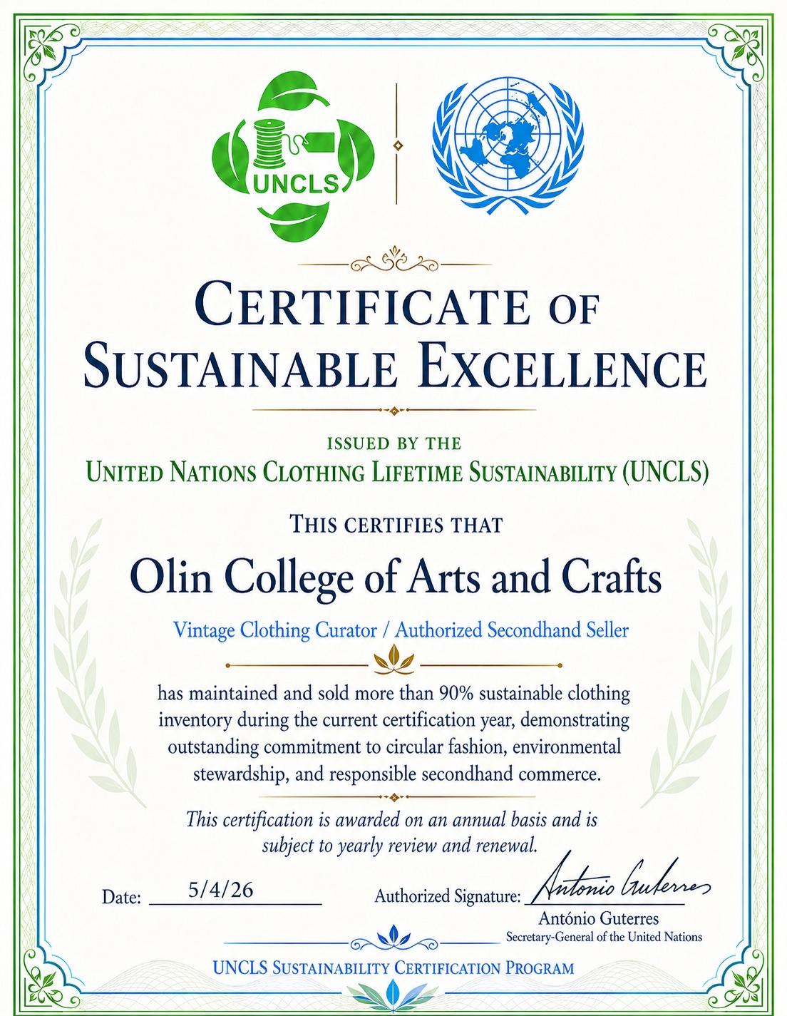 Preview of UNCLS compliance certificate for qualifying stores